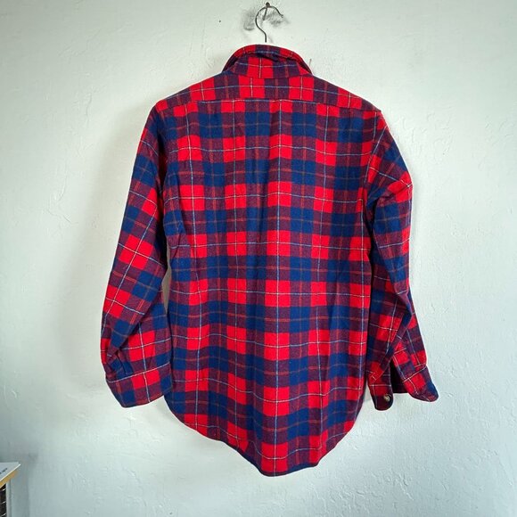 Vintage Pendleton Mens Red Blue Tartan Plaid Wool Button Up Shirt Medium Pockets - Picture 2 of 9